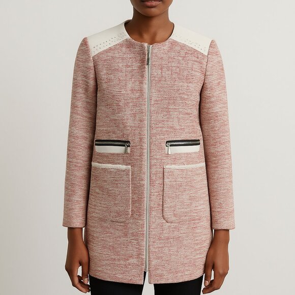 Etcetera Pink White Tweed Long Sleeve Collarless Jacket Contrast Trim Zip Pocket - Picture 1 of 8